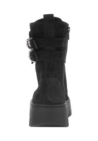 Black suede ankle boot with a square toe, chunky heel, dual buckle accents, and a side zipper; smooth texture and robust design.