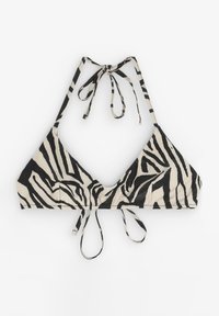 Biustonosz bikini w kształcie trójkąta, wykonany z materiału w odcieniu beżowym z czarnymi paskami w zebrę, z regulowanymi wiązaniami na szyi i plecach.
