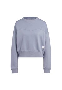 Sudadera corta de color púrpura claro fabricada con un tejido suave, con escote en V, mangas largas y un pequeño parche con logo en la parte inferior izquierda.