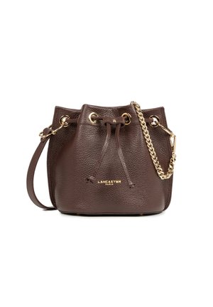 Brown leather bucket bag with a drawstring closure and gold-tone chain strap, embossed with "LANCASTER PARIS" logo on the front.