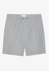 Shorts gris en matériau lisse et léger avec une taille élastique, un cordon de serrage et des poches latérales.