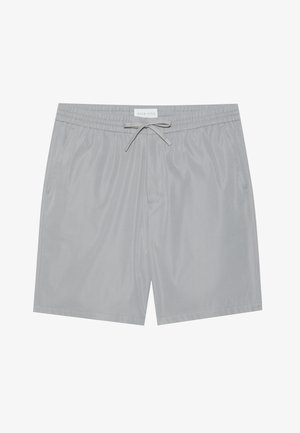 Grå shorts laget av glatt, lett materiale med elastisk midje, snøring og sidelommer.