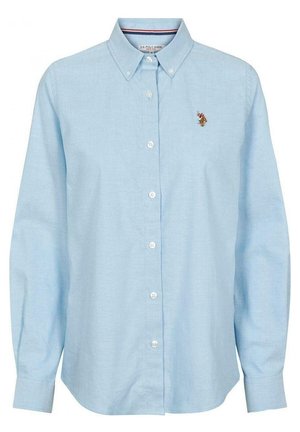 Lichtblauwe button-up shirt met lange mouwen, kraagontwerp en een klein geborduurd logo op de borst. Gemaakt van ademende stof.