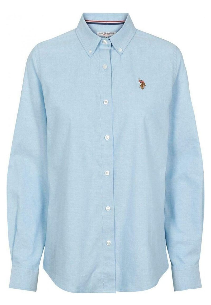 Camicia a maniche lunghe di colore azzurro chiaro, con colletto e un piccolo logo ricamato sul petto. Realizzata in tessuto traspirante.