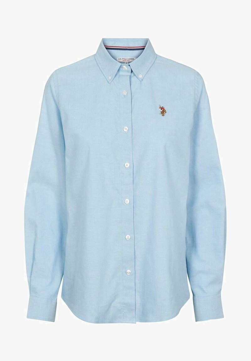 Camicia a maniche lunghe di colore azzurro chiaro, con colletto e un piccolo logo ricamato sul petto. Realizzata in tessuto traspirante.