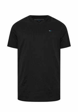 T-shirt noir à manches courtes avec col en V et petit logo bleu et blanc sur la poitrine gauche, taille XL, présenté sur un fond uni.