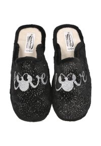 Zapatillas de felpa negras con puntos de purpurina plateada y texto en cursiva "amor" adornado con formas de corazones en la parte superior, talla 37, forradas con tela color crema.