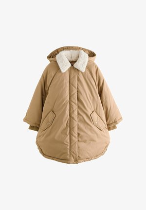 Beige padded winter coat with hood, white fleece collar, buttoned front pockets, and snap button closure on a plain white background.