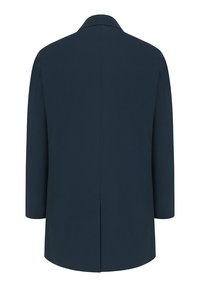 Granatowy płaszcz o prostym kroju, z rozcięciem z tyłu i bez widocznych elementów hardware ani akcentów. Wykonany z mocno ustrukturyzowanego materiału.