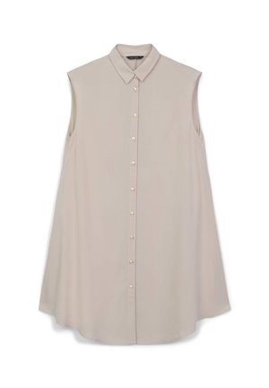 Blusa senza maniche beige con davanti a bottoni, caratterizzata da un colletto classico e una texture liscia. Taglio in forma ampia e rilassata.