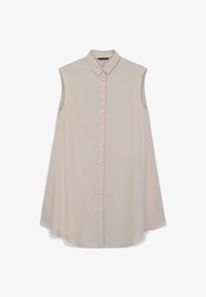 Blusa senza maniche beige con davanti a bottoni, caratterizzata da un colletto classico e una texture liscia. Taglio in forma ampia e rilassata.