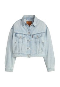 Giacca di jeans cropped azzurro chiaro con collo classico, chiusura frontale a bottoni e due tasche sul petto, caratterizzata da leggere sfumature e dettagli di cucitura.