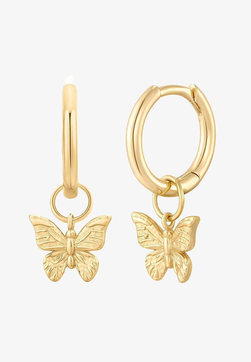 Kuldtooni rõngastekkidega kõrvarõngad, millel on tekstuuriga liblika ripatsid. Ripatsid on kinnitatud ringikujulise lingi külge.