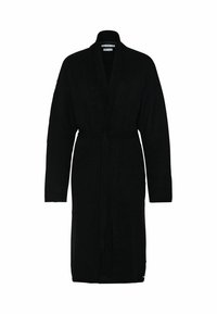 Svart bomullsrock med långa ärmar, sjalkrage, midjeband och två framsidor fickor. Slät textur med en enhetlig färgfinisch.