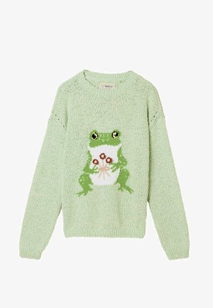 Világoszöld kötött pulóver, melynek elülső közepén egy nagy béka látható, aki három piros virágot tart a kezében.
