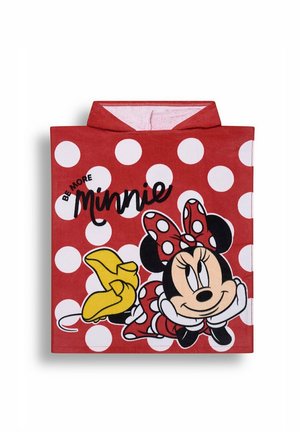 Red hooded towel with white polka dots featuring Minnie Mouse lying down with a bow and the text "Be More Minnie."