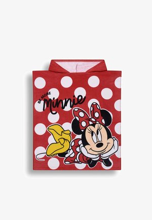 Rotes Kapuzenhandtuch mit weißen Punkten, darauf liegt Minnie Maus mit einer Schleife, daneben der Text „Be More Minnie.“