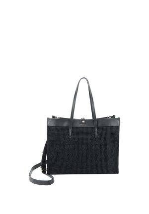 Borsa tote nera con motivo floreale testurizzato, doppi manici e tracolla rimovibile su sfondo bianco.