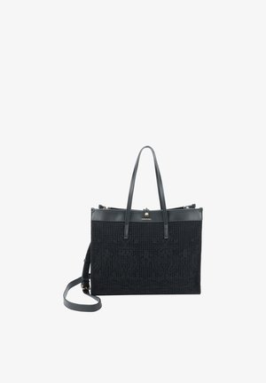 Borsa tote nera con motivo floreale testurizzato, doppi manici e tracolla rimovibile su sfondo bianco.