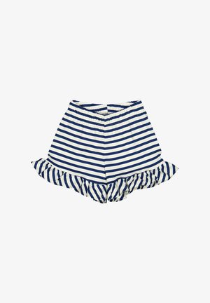 Marinefarbene und weiße gestreifte Shorts mit einem frillierten Saum und einem elastischen Bund. Hergestellt aus leichtem Stoff mit glatter Textur.
