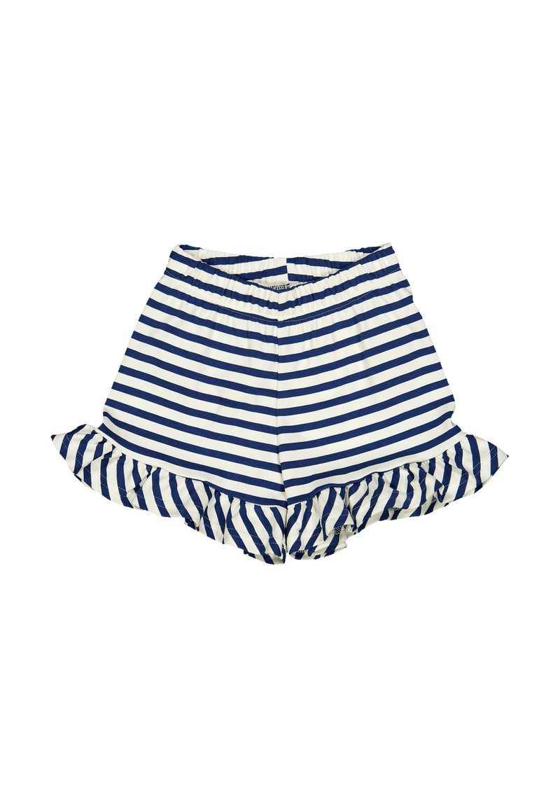 Shorts a righe navy e bianche con orlo a balze e cintura elasticizzata. Realizzati in tessuto leggero, caratterizzati da una texture liscia.