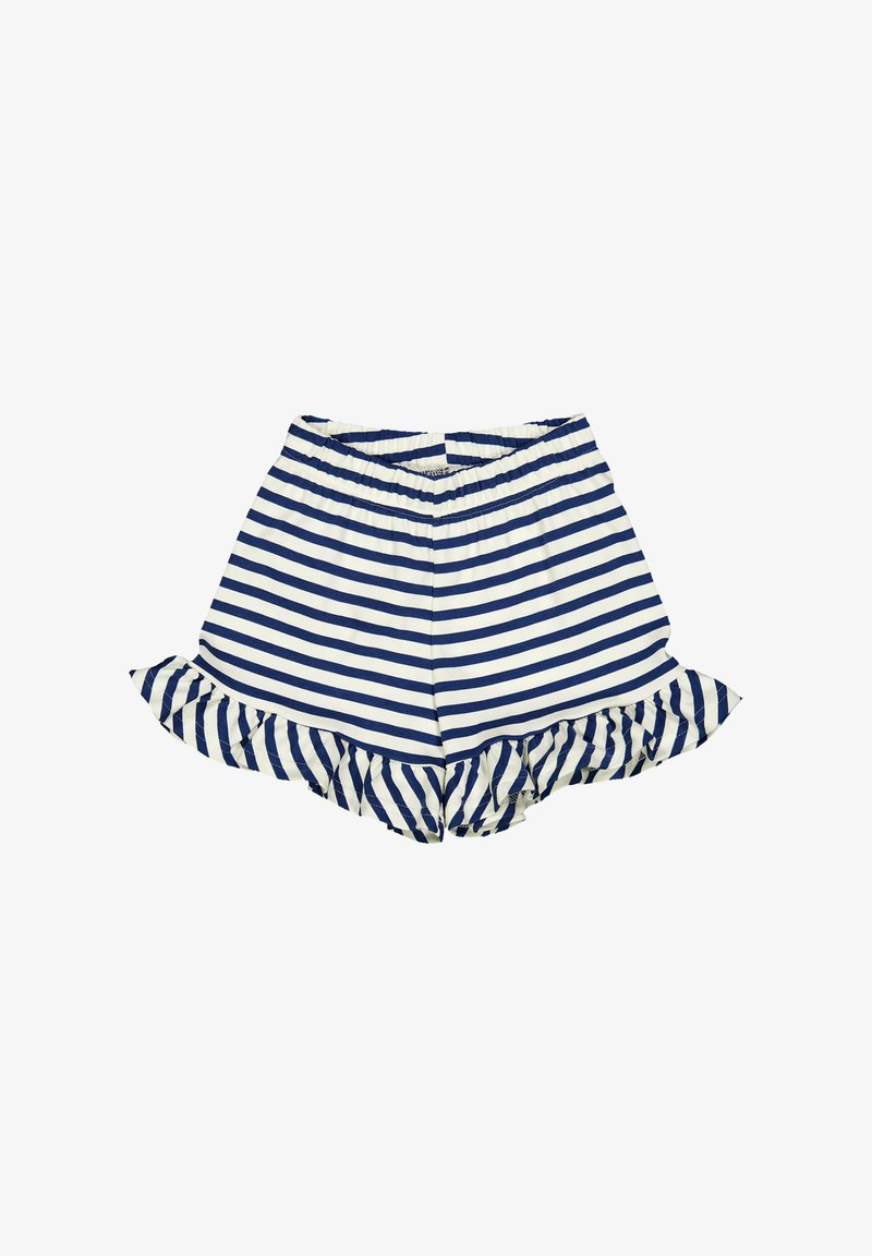 Námořnické a bílé pruhované šortky s volánkovým lemem a elastickým pasem. Vyrobené z lehké látky, s hladkou texturou.