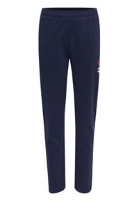 Mörkblå sweatsbyxor i en mjuk bomullsblandning, med ett elastiskt midjeband och en liten röd stjärnlogotyp med vita och blå accenter.