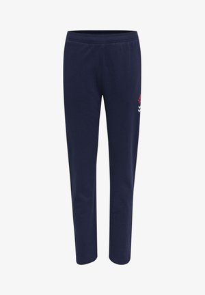 Navyblauwe sweatpants van een zachte katoenmix, met een elastische tailleband en een klein rood sterlogo met witte en blauwe accenten.