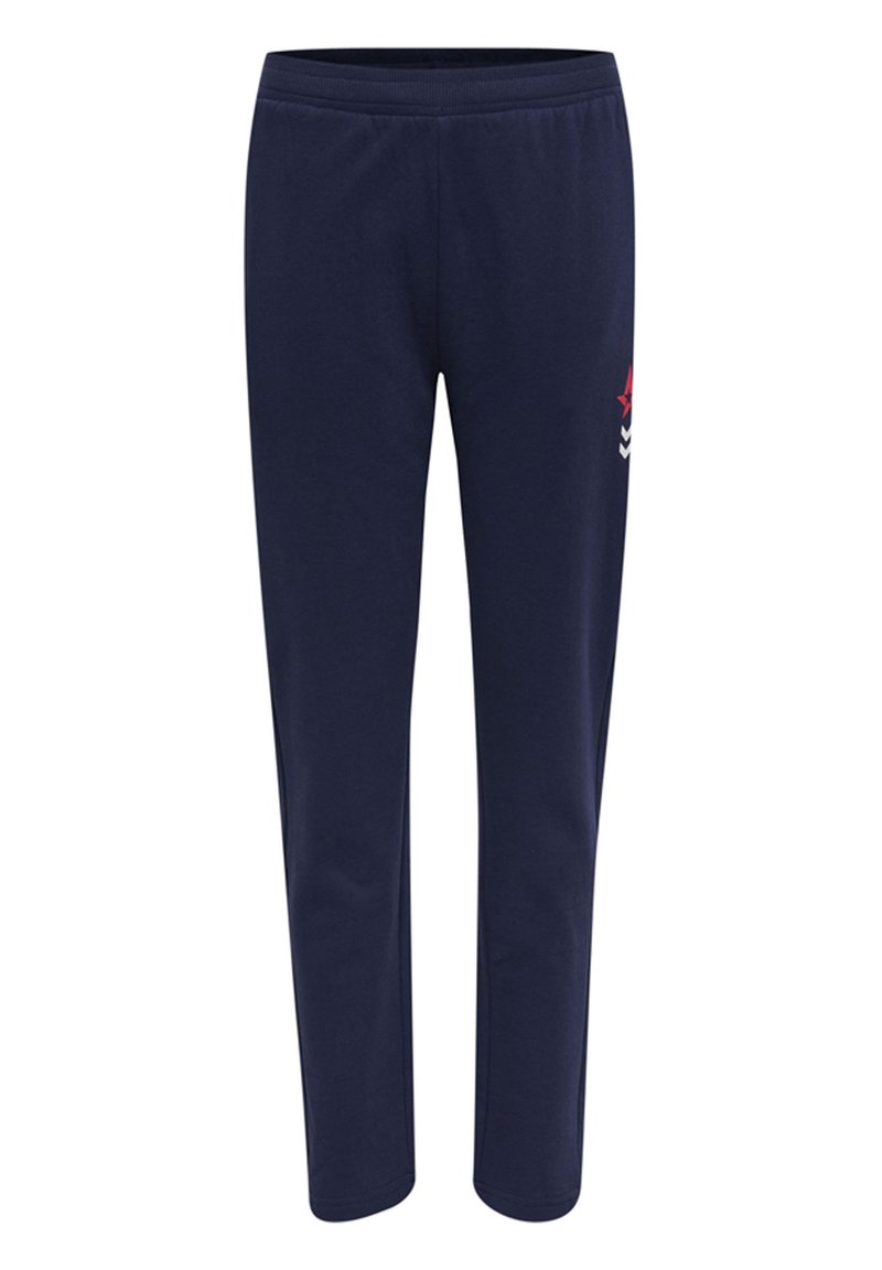 Mörkblå sweatsbyxor i en mjuk bomullsblandning, med ett elastiskt midjeband och en liten röd stjärnlogotyp med vita och blå accenter.