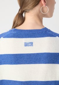 Femme aux cheveux bruns attachés, portant une boucle d'oreille argentée en forme d'anneau et un pull rayé bleu et blanc avec un petit texte brodé sur le haut du dos.