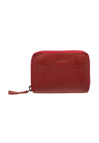 Red leather zip wallet with smooth texture, featuring a small zipper pull and embossed branding. Compact rectangular shape.