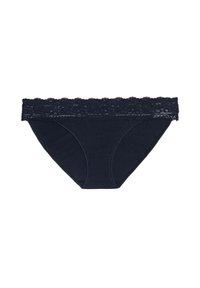 Marineblauwe briefjes met kantafwerking, gemaakt van zachte katoen. Beschikt over een delicate, gegolfde kantband en een gladde afwerking.