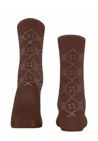 Braune Socken aus weichem Material, mit einem Rautenmuster in hellrosa. Strickstruktur mit einem kontrastierenden, gerippten Bündchen oben.