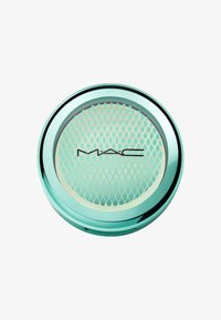 Ronde MAC compact met een mintgroene metallic afwerking, voorzien van een gaaspatroon aan de bovenkant en een spiegelinterieur.