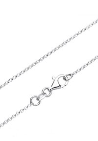 Silberne Kette mit miteinander verbundenen Gliedern, ausgestattet mit einem Karabinerhaken. Die Kette hat eine glatte Textur und eine glänzende Oberfläche.