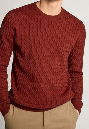 Homme portant un pull à torsades rouge rouille et un pantalon beige, mains posées dans les poches, sur un fond clair uni.