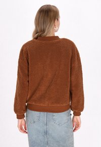 Hnědá fleecová bunda s měkkým, strukturovaným povrchem, žebrovanými manžetami a lemem. Design má uvolněný střih a je zobrazen zezadu.