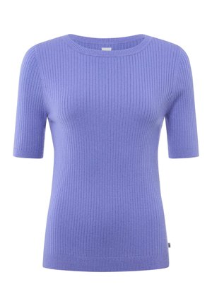 Purple ribbed short-sleeve sweater with a crew neckline; soft texture; fitted design; subtle brand detail at the hem.