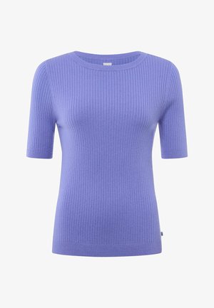 Lilla ribbede kortærmet sweater med rund hals; blød tekstur; tætsiddende design; diskret mærkedetalje ved kanten.