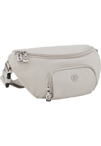 Beige nylonista valmistettu vyölaukku, jossa on kaksi vetoketjullista osastoa ja hopeanväriset metalliosat. Laukussa on litteä muotoilu ja etuosassa kohopainettu logo.