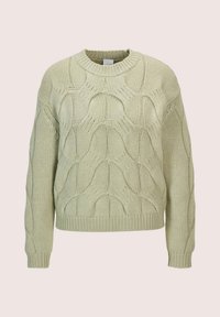 Hellgrüner gestrickter Pullover mit dickem Zopfmuster, Rundhalsausschnitt, langen Ärmeln sowie gerippten Bündchen und Saum.