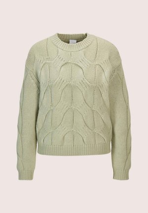 Light green knitted sweater with thick cable knit pattern, crew neck, long sleeves, and ribbed cuffs and hem.