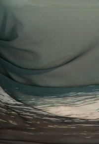 Tessuto a rete verde scuro trasparente con una texture ondulata, che si trasforma in un motivo paesaggistico più chiaro nella parte inferiore. Aspetto morbido e translucido.