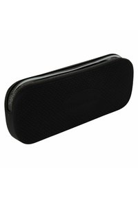 Custodia per occhiali rettangolare nera con esterno in gomma testurizzata, chiusura a zip e logo del marchio in rilievo sulla superficie.