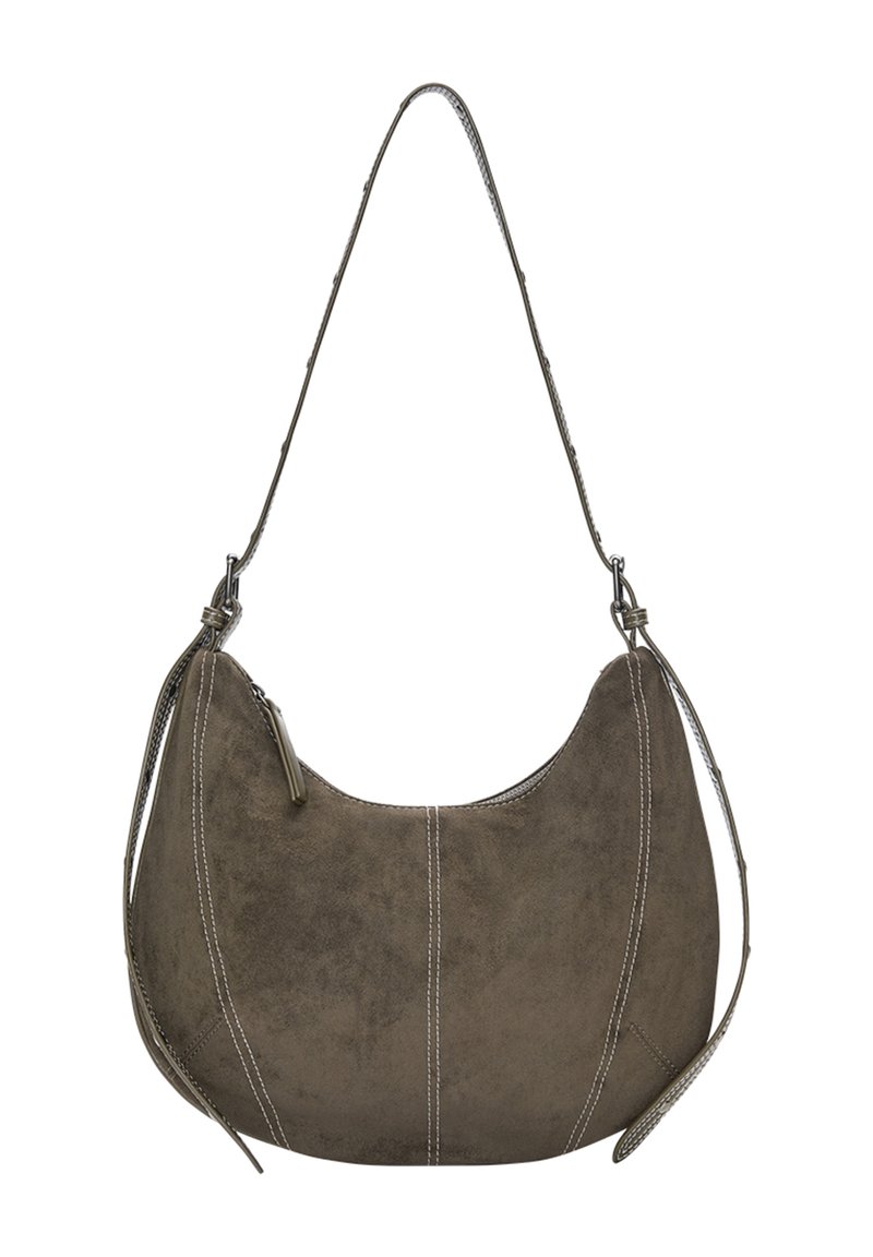 Brown suede hobo bag with curved shape, contrast stitching, single shoulder strap, and zip closure detail. Smooth texture overall.