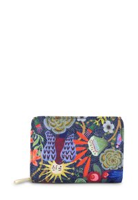 Kleurige portemonnee met een donkerblauwe achtergrond en bloeiende en zonmotieven in rood, geel, groen en roze. Ritsluiting met een decoratieve trekker.