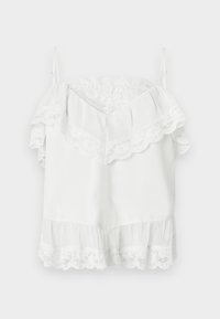 Biely top bez rukávov s odhalenými ramenami, lemovaný čipkou pozdĺž výstrihu, rukávov a spodného lemu, s nastaviteľnými tenkými ramienkami.