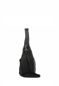 Borsa a mano in pelle nera con superficie testurizzata, una sola tracolla regolabile e un accento in metallo argentato per la zip.