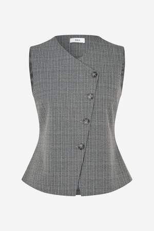 Veste sans manches grise avec une texture tissée subtile, présentant un design à nouer, une bordure en satin synthétique et six boutons foncés à l'avant.