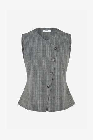 Veste sans manches grise avec une texture tissée subtile, présentant un design à nouer, une bordure en satin synthétique et six boutons foncés à l'avant.